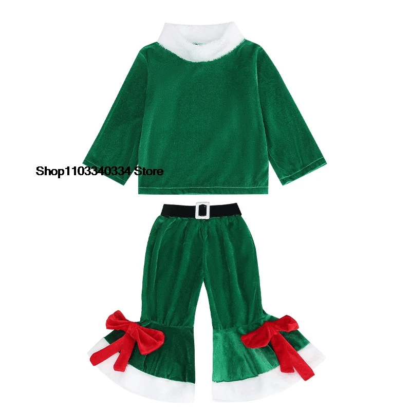 Kinder Weihnachten Hosen Grün Set für Mädchen 3PCS Hut + Top + Hosen Weihnachten Elf Kostüm Neujahr familie Party Rolle Spielen Outfit Performanc