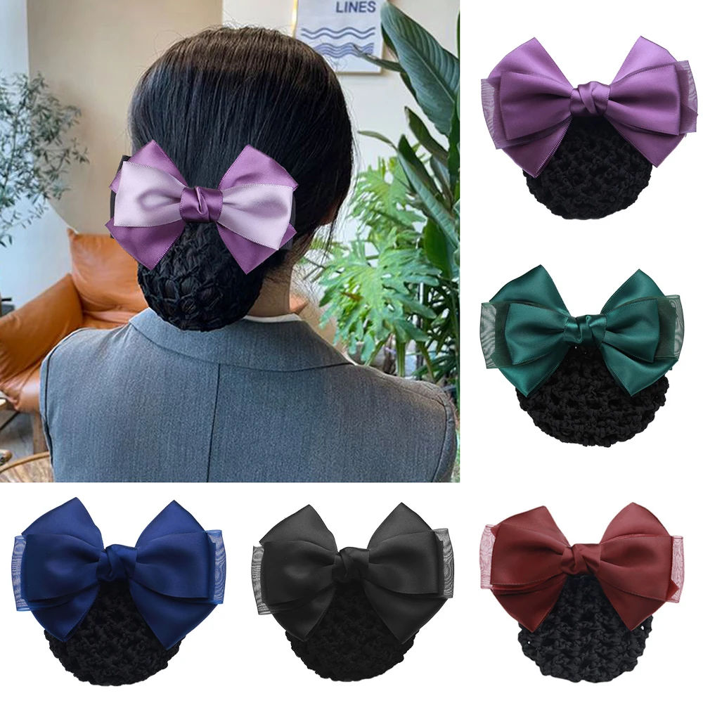 Women Professional Hotel Bank Nurse Bow Barrettes Hairnet Satin Mesh Ribbon Hair Clip French Style Non-Slip Hair Accessories