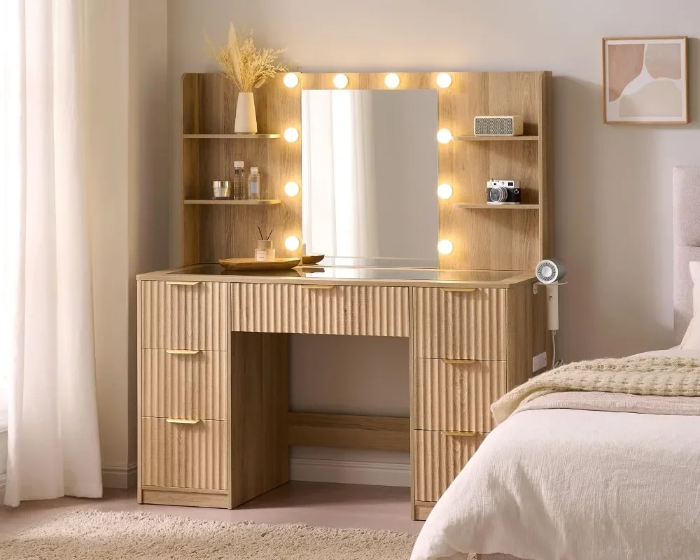 AMERLIFE Fluted Vanity Desk with Mirror and Adjustable LED Lights Large 7Drawers Makeup Vanity Table with Glass Top and Charging