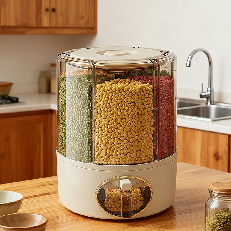 Large-Capacity Kitchen Rice Bucket, Household Grain Storage Box, Sealed Rotating Compartment Grain Container