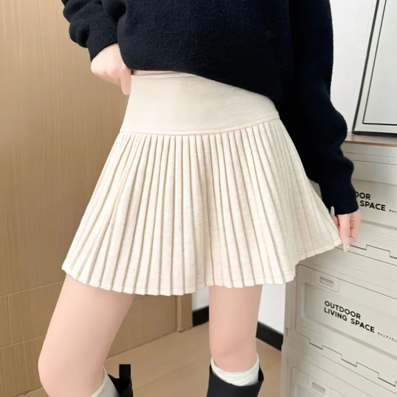 Mini Skirts Pleated Women Korean High Waist Spliced Sweet Woolen Skirts Fall Winter Vintage College Style Youthful Short Skirt