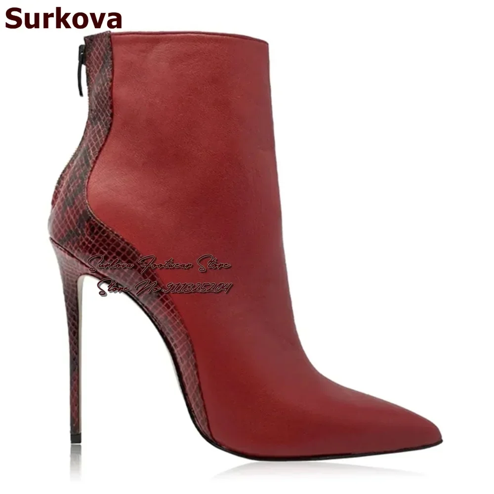 Surkova Rode Slangenhuid Patchwork Suede Puntschoen Enkellaarsjes Vrouwen Python Dunne Hoge Hak Korte Laarsjes Terug Rits Jurk Schoenen