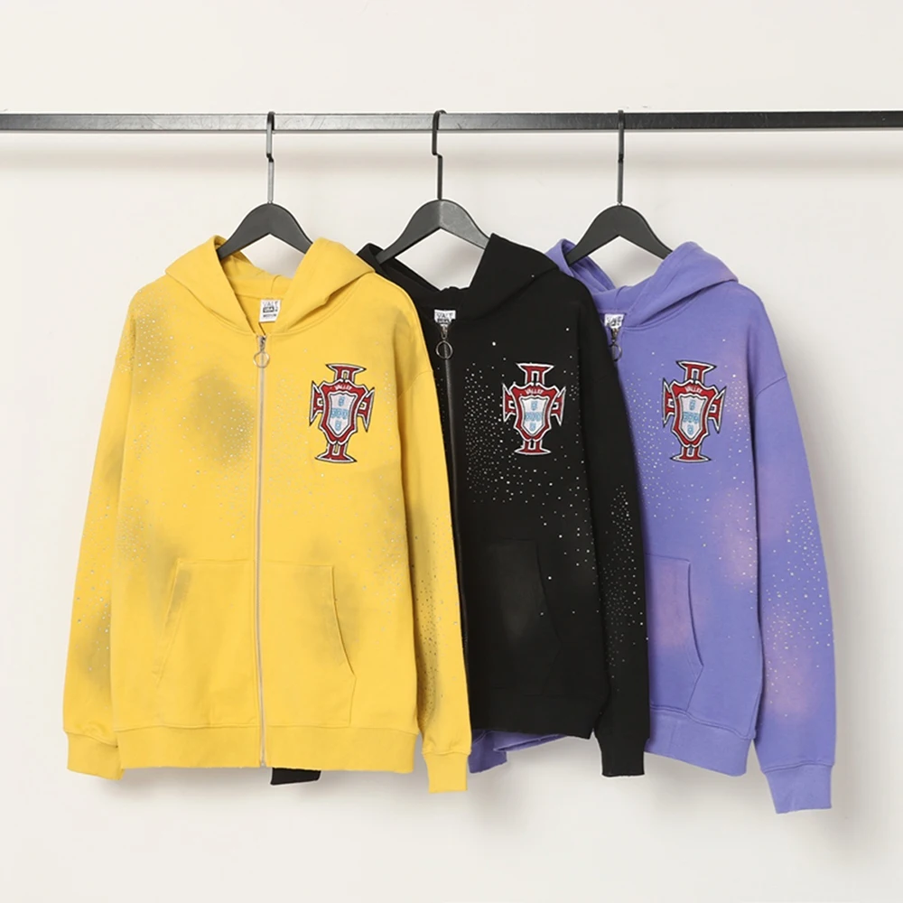 

New Autumn Rhinestone Front Pocket Zipper Hooded Hoodies for Men and Women Cardigan Terry Cotton Diamond Sweatshirts Coat