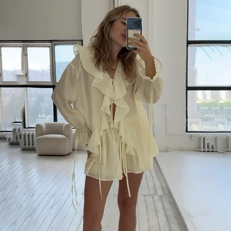 

Summer Holiday Ruffled Shorts Sets Long Sleeve Ruffle Lace Up Chiffon Women Casual V Neck Solid Loose Shorts Set 2025 Female New
