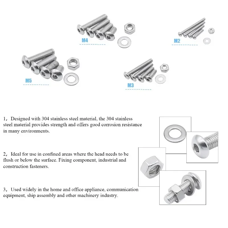 1220 шт., винты из нержавеющей стали 304, гайки, шайбы с шестигранными ключами, набор инструментов, болты с шестигранной головкой, набор винтов M2 M3 M4 M5