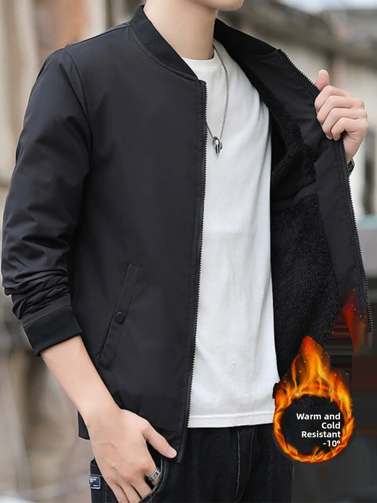 

Мужская куртка на флисовой подкладке для весны, осени и зимы, теплая верхняя одежда, приталенный крой, на молнии, с воротником-бомбером, модный городской стиль