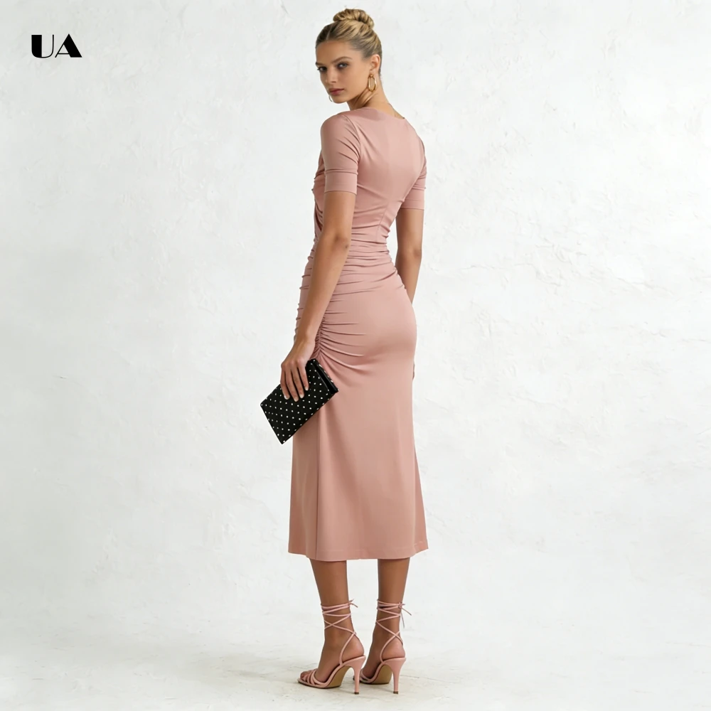 ULBYANRY Kurzarm-Abschlussballkleid mit Ausschnitt, V-Ausschnitt, solide, gerüschte Abendkleider für Frauen, einfaches Etuikleid, individuelles Partykleid