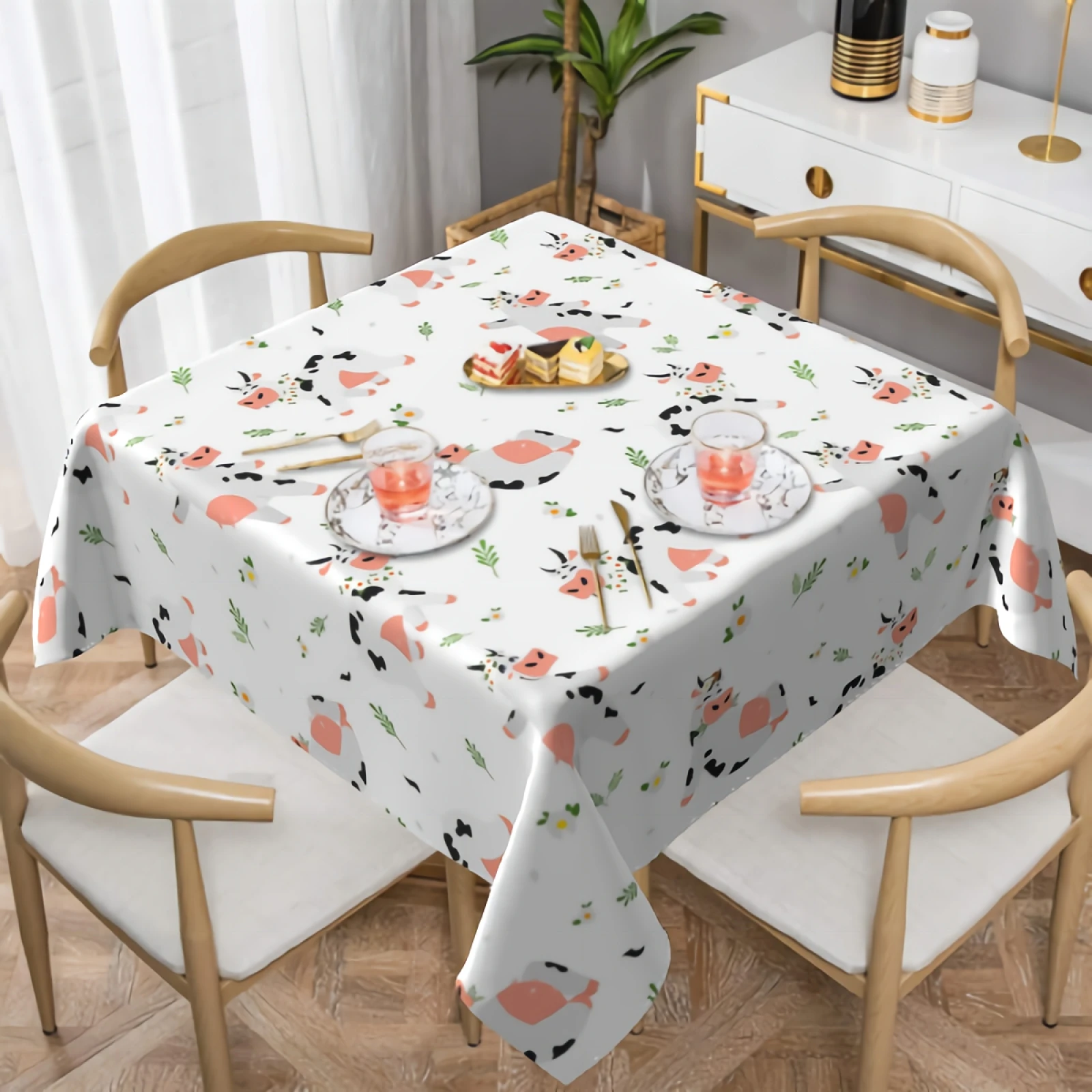 Cute Cow With Floral Tablecloth Flower And Grass White Table Cloth Polyester Waterproof Tablecloth for Kitchen Dining Room