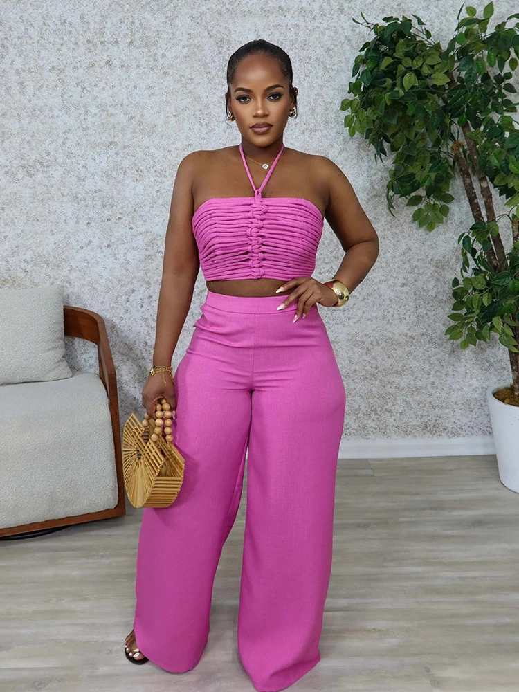 

2piece Woman Outfit Halter Neck Draped Crop Top and Long Trouser Elegant Summer Ladies Pant Sets Wholesale Dropshipping