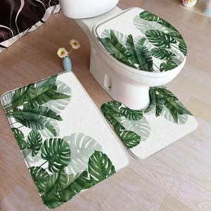Set Badteppich mit tropischen Blättern, Palmblättern, Monster, grüne Pflanzen, dekorativer Flanellteppich, Toilettendeckel 8 Hauptverkaufsteppichmonstera - №5