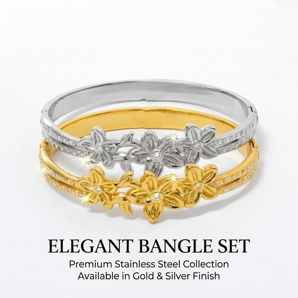 Elegant Gold Color Snap Bracelet, Stainless Steel Zircon Flower Bangle, Luxe Feel Women's Jewelry (60mm Inner Diameter)