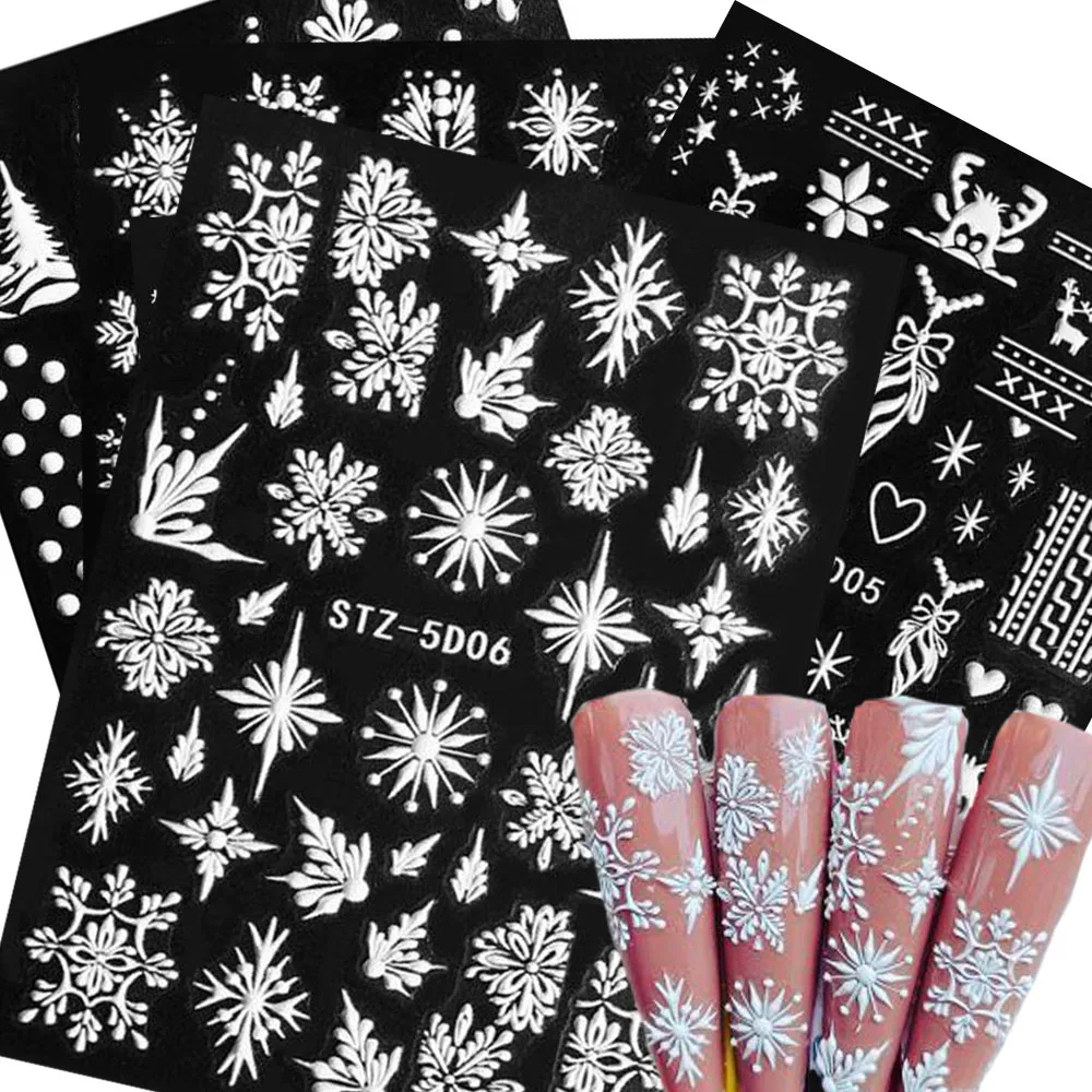 4개입 5D 엠보싱 눈송이 네일 아트 스티커 크리스마스 화이트 눈송이 네일 아트 데칼 DIY 아크릴 꽃 매니큐어 슬라이더 스티커