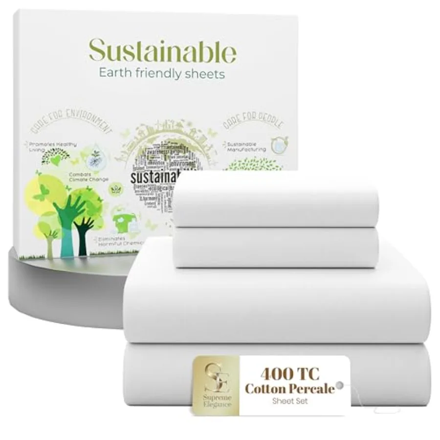 

4 Pcs 100% Cotton Size Sheets Set Snow White 400 Thread Count Percale Weave Deep Pocket Fitted Sheet Cooling Long Staple Cotton
