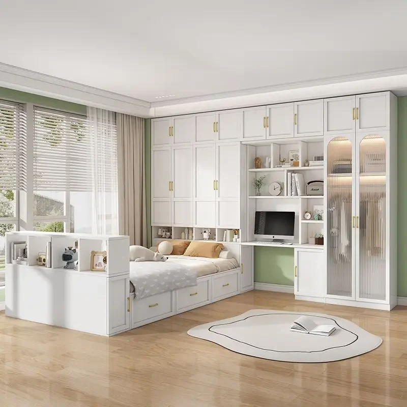 Tatami bed wardrobe integrated desk bookshelf small apartment second bedroom children's room storage multi-functional