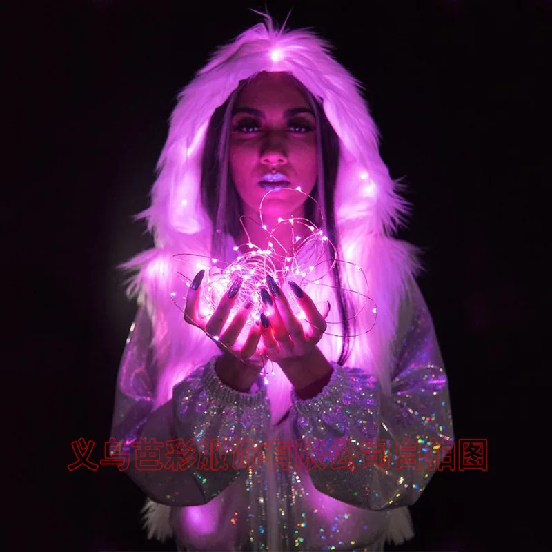Women Faux Fur LED Hooded Jacket Fur Outerwear Spliced Party 2025 Winter Spliced Cardigan Sequined Patchwork High Street