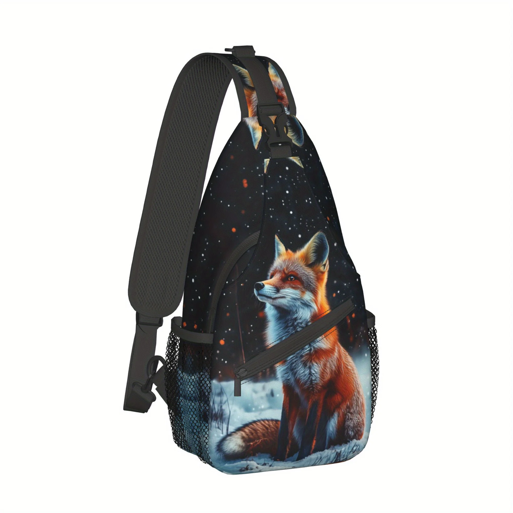 Men's Fox in the Snow Chest Bag Large Capacity Crossbody Sports Bag with Zipper Closure Winter Fox & Snowy Landscape Print