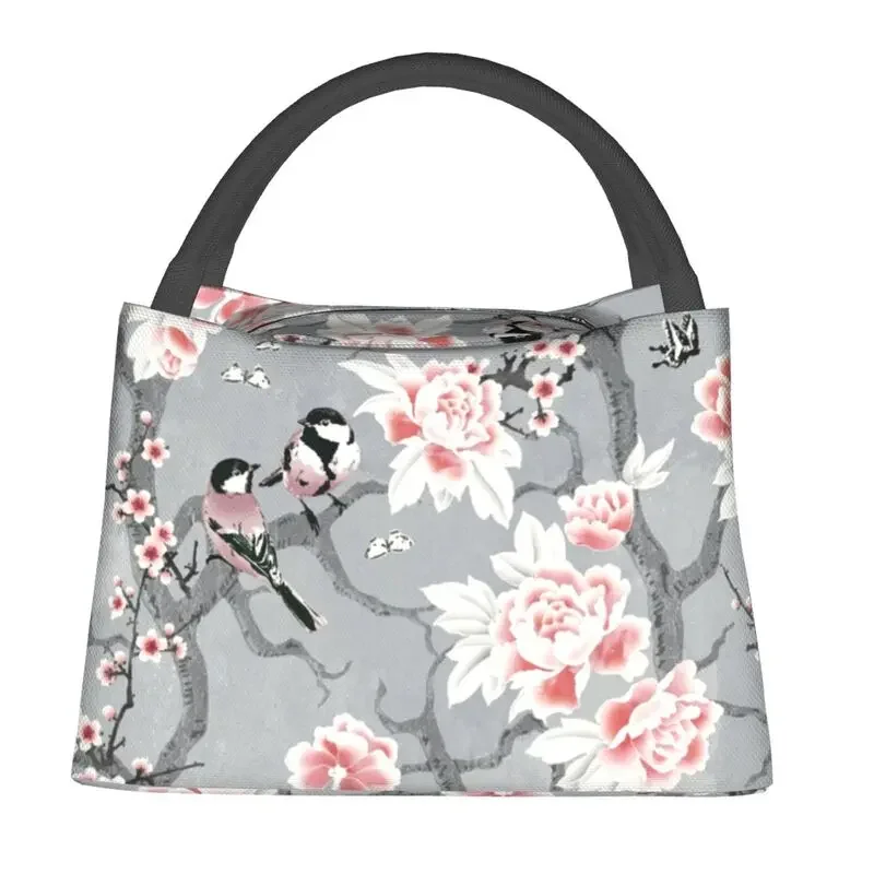 Chinoiserie Birds In Grey Thermal Insulated Lunch Bag Peony Lunch Container for Outdoor Camping Travel Storage Meal Food Box