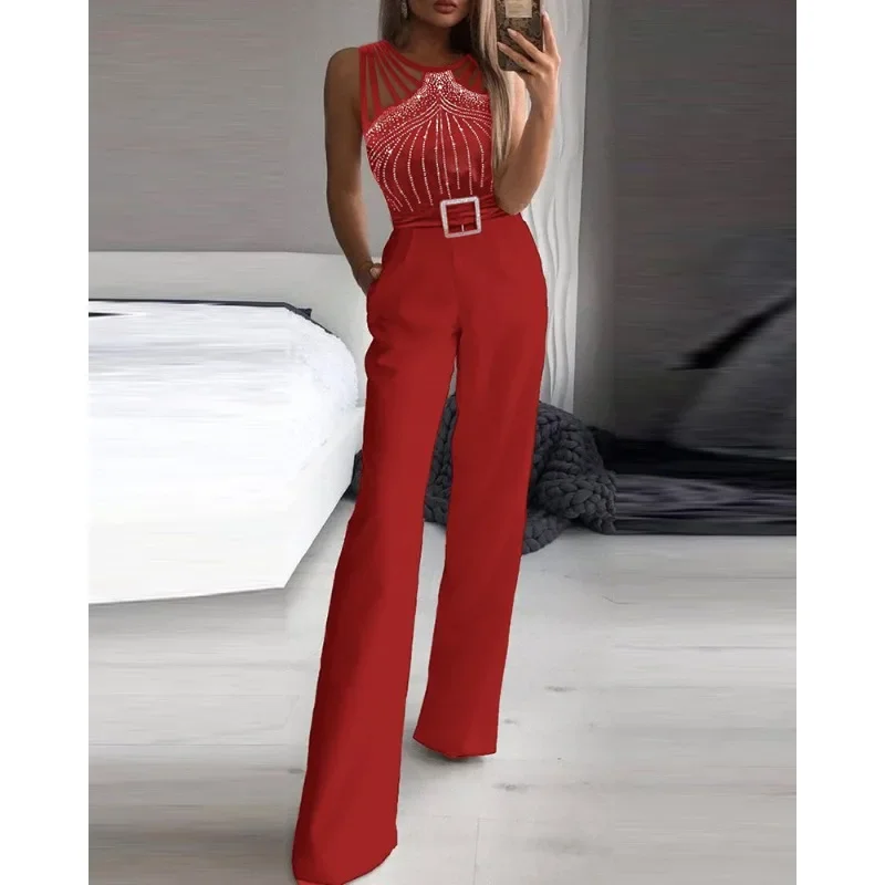 

Temperament New Arrivals Design Spring Summer Women's Solid Color Rhinestone Sexy Lace-up Tight Waist One-Piece Trousers