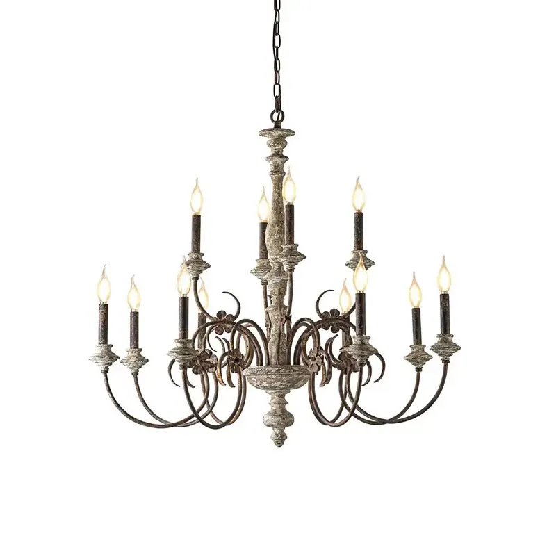 

American Wooden Living Room Chandelier Villa Hall Decoration Pendant Lamp Candle Lamp Duplex Staircase Iron Drop Lighting
