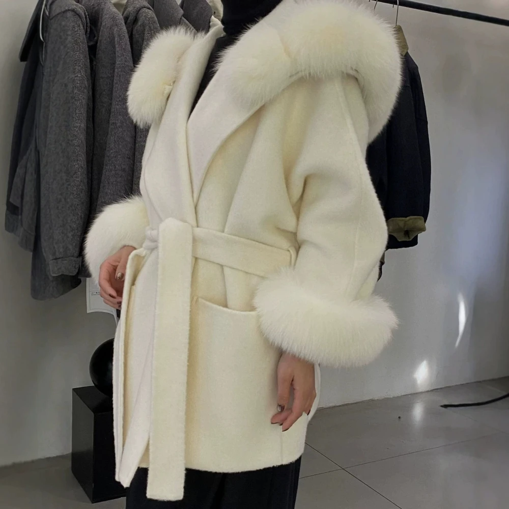 OFTBUY Kurzer Wollmantel mit Gürtel und Echtem Pelzkragen, Modische Lässige Wolljacke mit Natürlichem Fuchspelz, Neue Winterbekleidung für Damen – Detail 9
