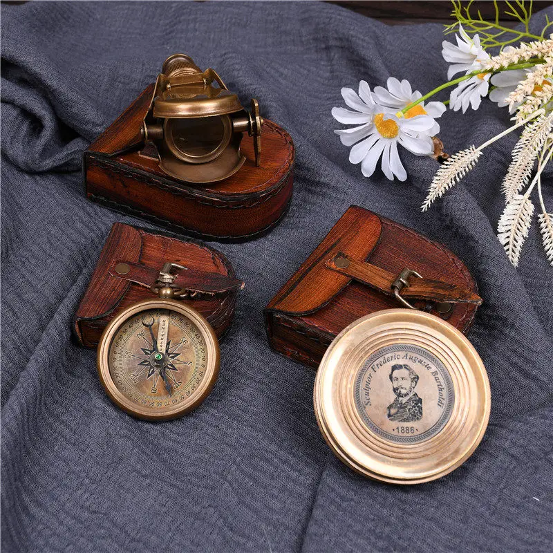 Brass Vintage Compass with Mini Telescope, Portable Antique Nautical Decor for Study, European Style Desk Ornament Gift