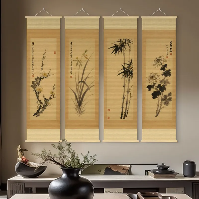 Paintings 30x100cm Four Panel Bamboo Slips Plum Orchid Bamboo Chrysanthemum Artwork Four Gentlemen Asian Botanical Wall Decor
