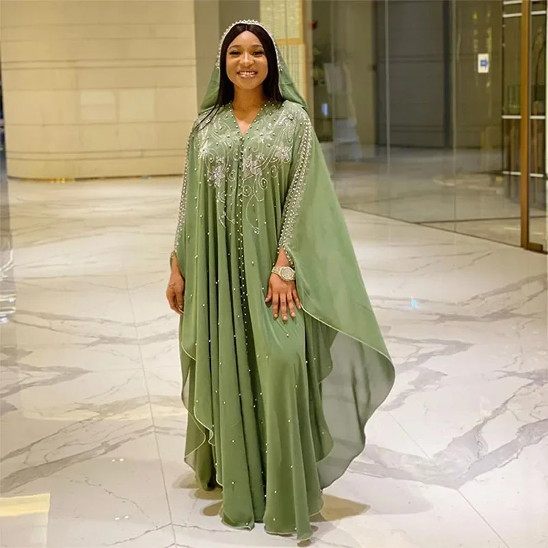 African Dashiki Chiffon Maxi Dresses for Women Diamonds Kaftan Dubai Gown Evening Boubou Ramadan Muslim Open Abaya Morocco Robes