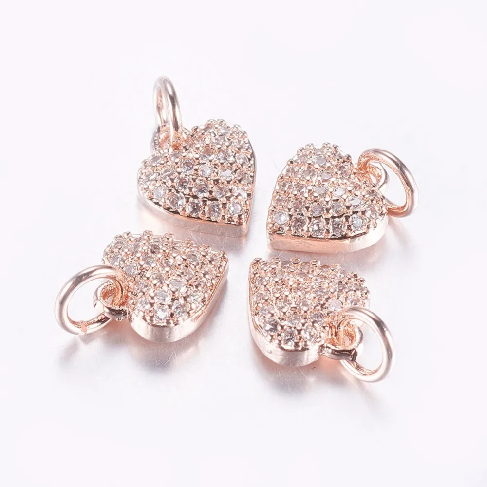 2Pcs Heart Pendants Long-Lasting Plated Brass Micro Pave Cubic Zirconia Charms Real Rose Gold Plated 9x8x3mm Hole: 3mm