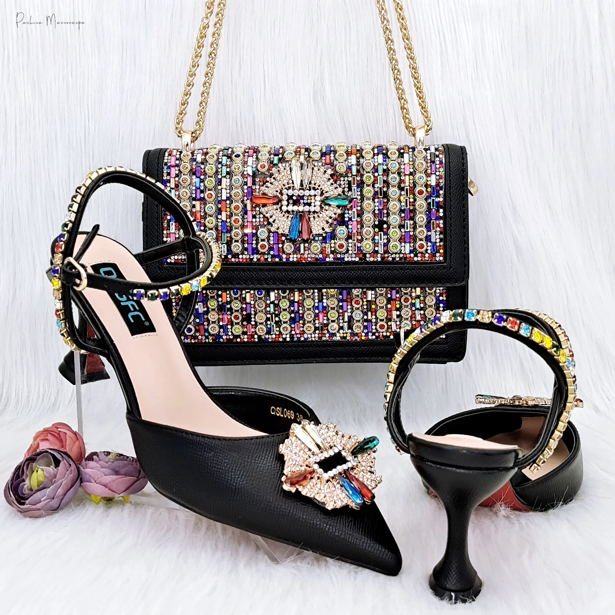 PM Noble And Luxurious Women's High-End Pointed Shoes And Colorful Single Shoulder Strap Or Cross-Shoulder Bag For Party