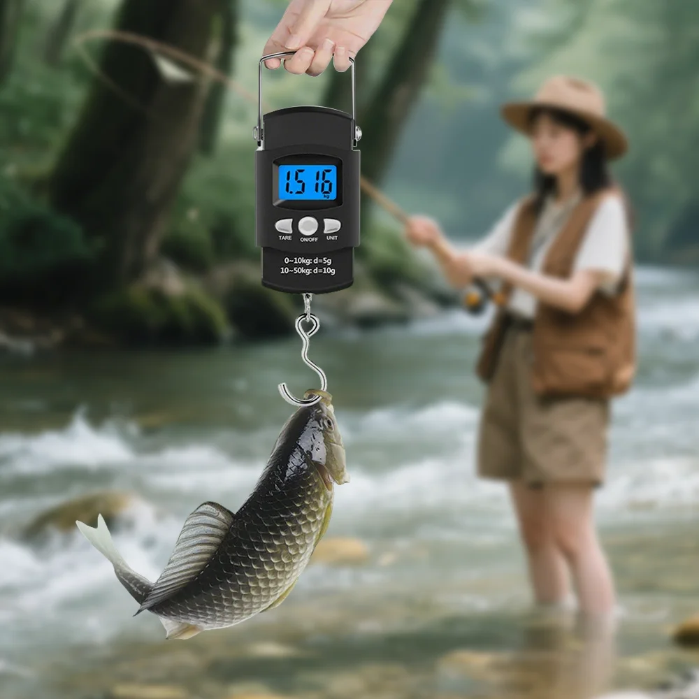 50kg/10g Portable LCD Electronic Hand Scale Travel Hanging Scale With 100cm Long Retractable Measuring Tape Weigh Fish Vegetable