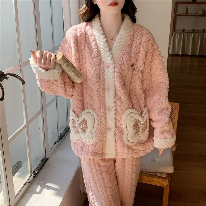 

Pajamas Women's Pajamas Homewear Set Loungewear Autumn Winter Girl Student Cute Keep Warm Coral Fleece Wearable As Outerwear