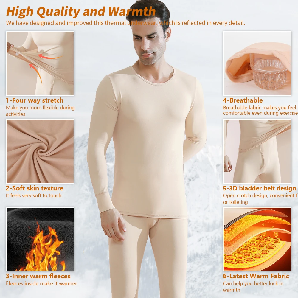 ملابس اخلية حرارية للرجال الشتاء الصوف أسفل جونز تي شيرت 2 قطعة بدلة منزلية مرنة غير رسمية الجلد ودية تنفس الملابس جديد #3
