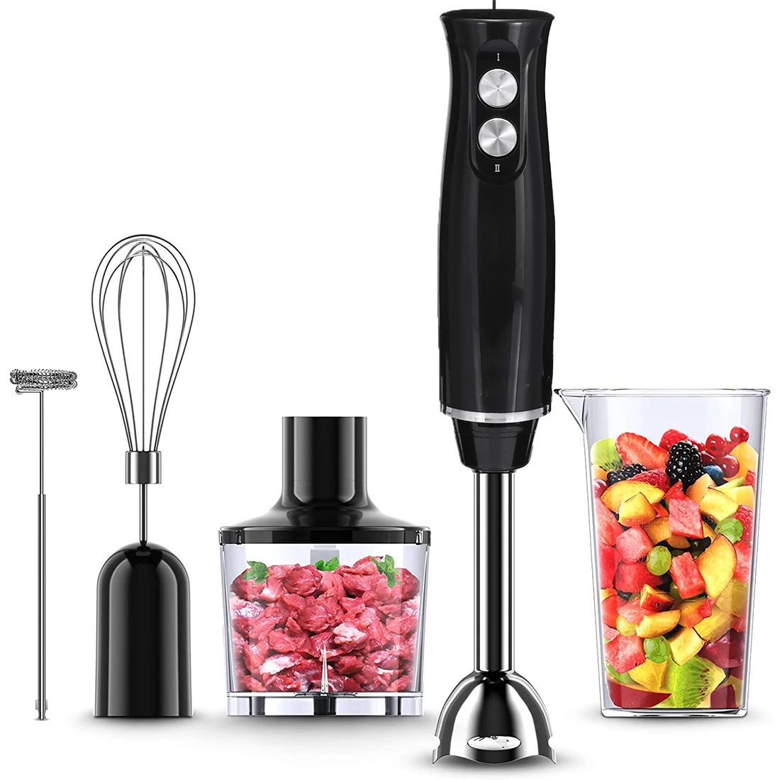 

Kitchen 4 in 1 Hand Mixer Meat Grinder Egg Beater Food Processor 500W 2 Speed Immersion Hand Stick Blender with Chopper Whisk