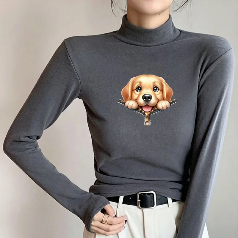 2026 New Autumn Winter Thermal Brushed Fleece Long Sleeve Graphic Print T shirt Blouses Female Warm Shirt Women Top