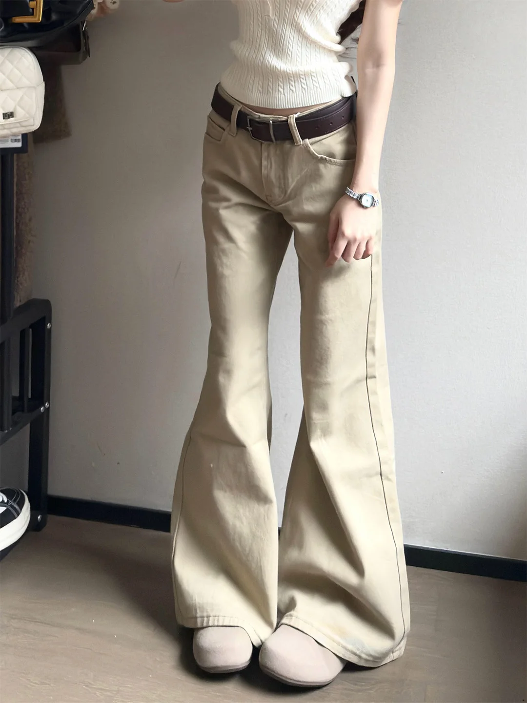 

American Retro Summer New Khaki Straight Leg Jeans Women's Slim Wide Leg Denim Pants High Waist Pocket Medium Stretch