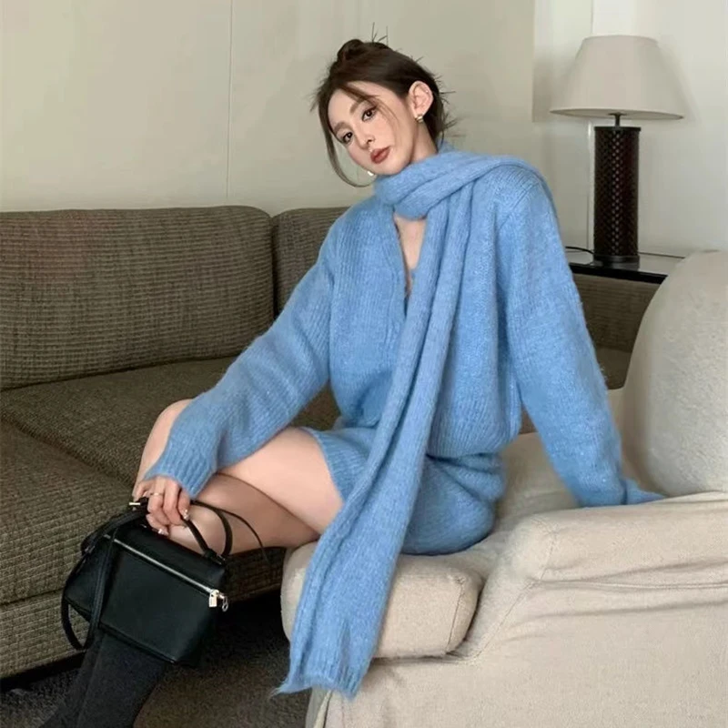 Winter Commuter Women Suit New Korean Style Solid Color Knitted Cardigan Short Skirt Set Blue Two Piece Sets Women Outfits