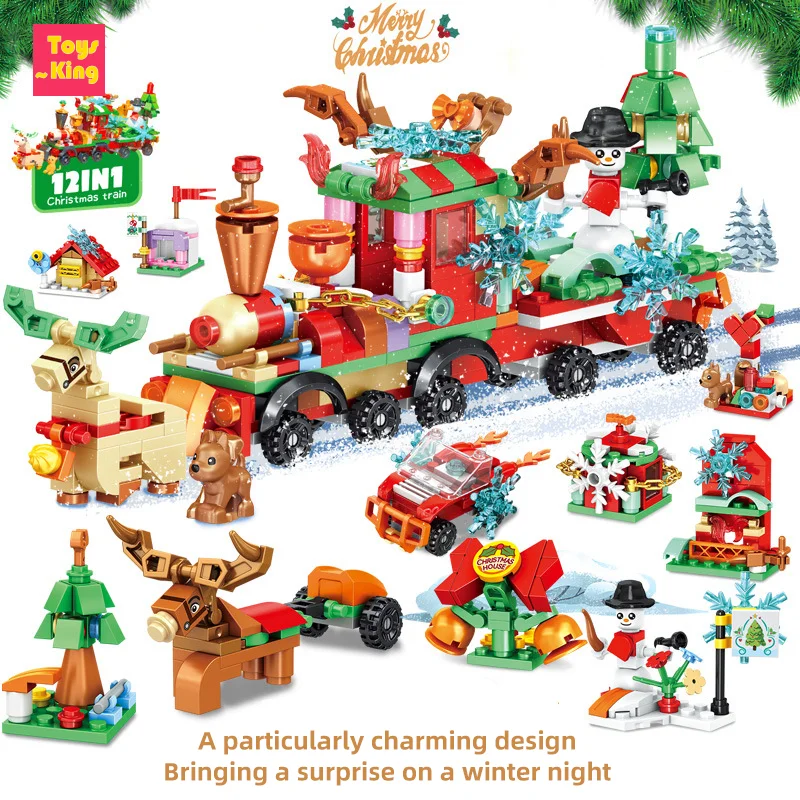 Mini Christmas Tree Santa Claus Building Block Little Train Elk Snowman Assembly Bricks Model Kids Toys Girl Christmas Eve Gifts