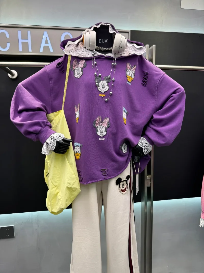 เสื้อฮู้ดดี้ปักลายการ์ตูนลูกไม้หนา สำหรับผู้หญิง แฟชั่นหลวม ดีไซน์สวยทันสมัย เสื้อฮู้ดดี้ใหม่ประจำฤดูใบไม้ร่วงปี 2025