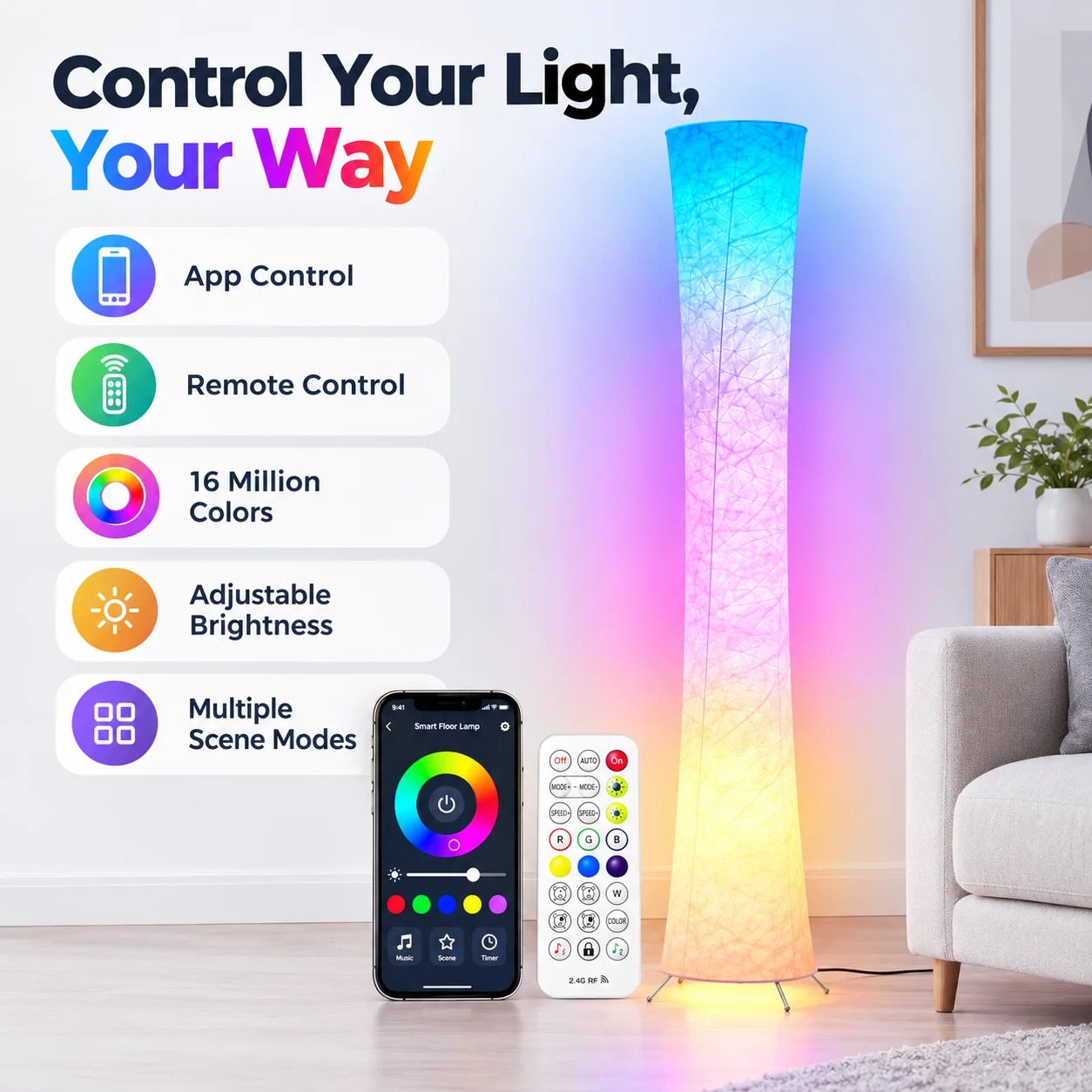 Smart RGB Round LED Floor Lamp Music Sync Dimmable 16 Million Colors App Remote Control Color Changing Light for Living Room Bedroom Gaming Room Ideal Gift for Birthday Christmas Valentine's Day 