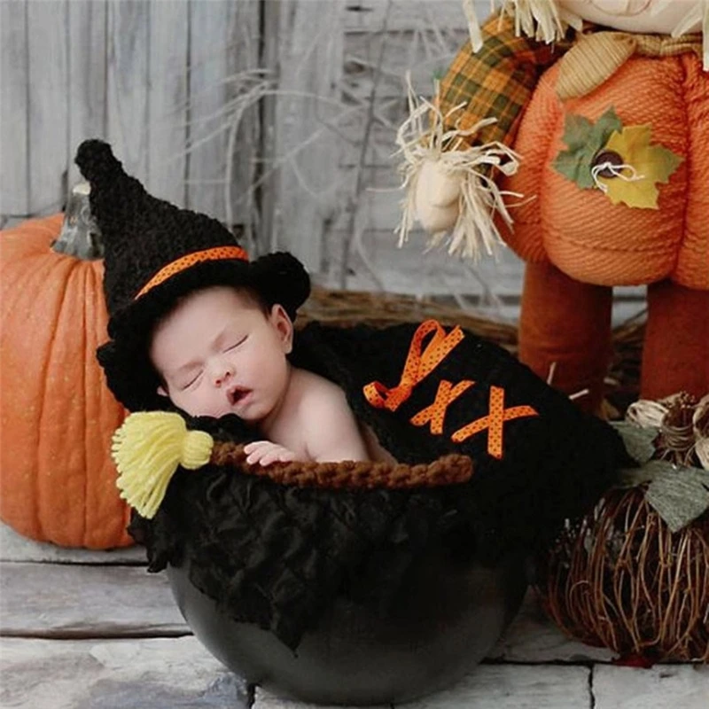 Halloween Baby Clothes Set Soft Breathable Knitted Photography Props Costumes with Hat Newborns Baby Outfit Party Supply