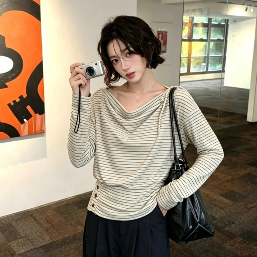 Women Striped Long Sleeve Top Off Shoulder Draped Neck Drawstring Slim Waist Button Decor Casual Tee