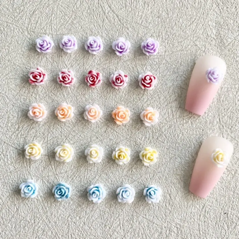 30PCS Gradient Color 3D Acrylic Flowers Nail Art Charms 8MM Cream White Rose Accessories For Nails Decorations Manicure Supplies