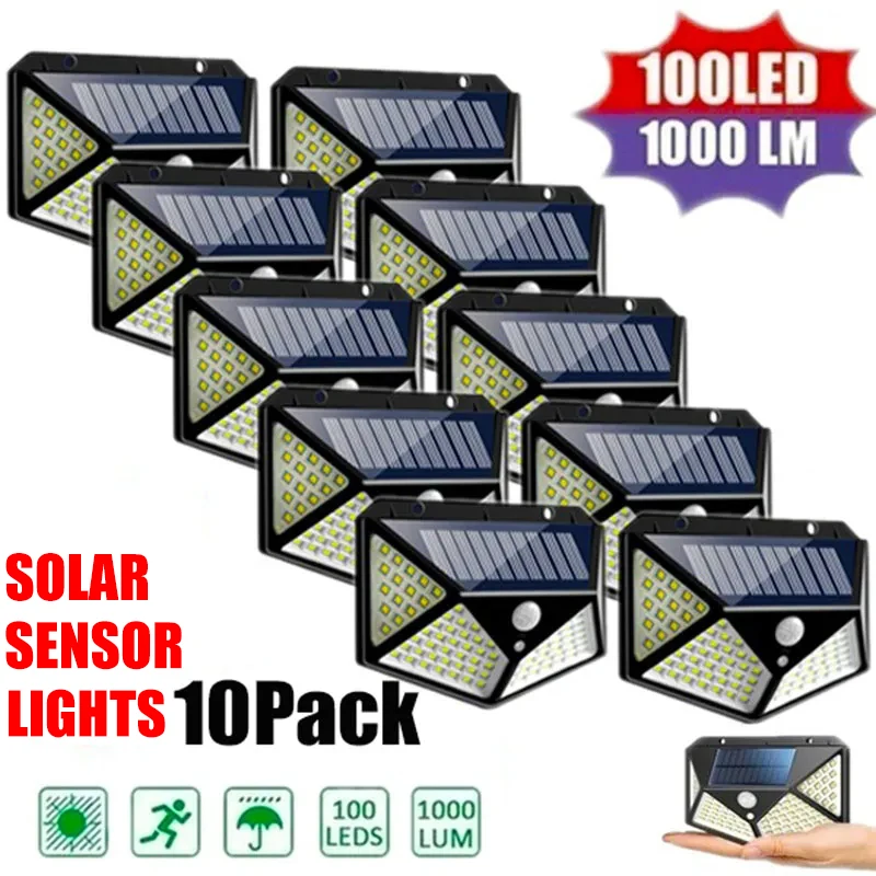 1/2/4/6/10 sztuk 100 LED lampa ścienna na energię słoneczną 4 strony Luminous z czujnikiem ruchu ogrodowa na zewnątrz dziedziniec wodoodporna lampa ścienna