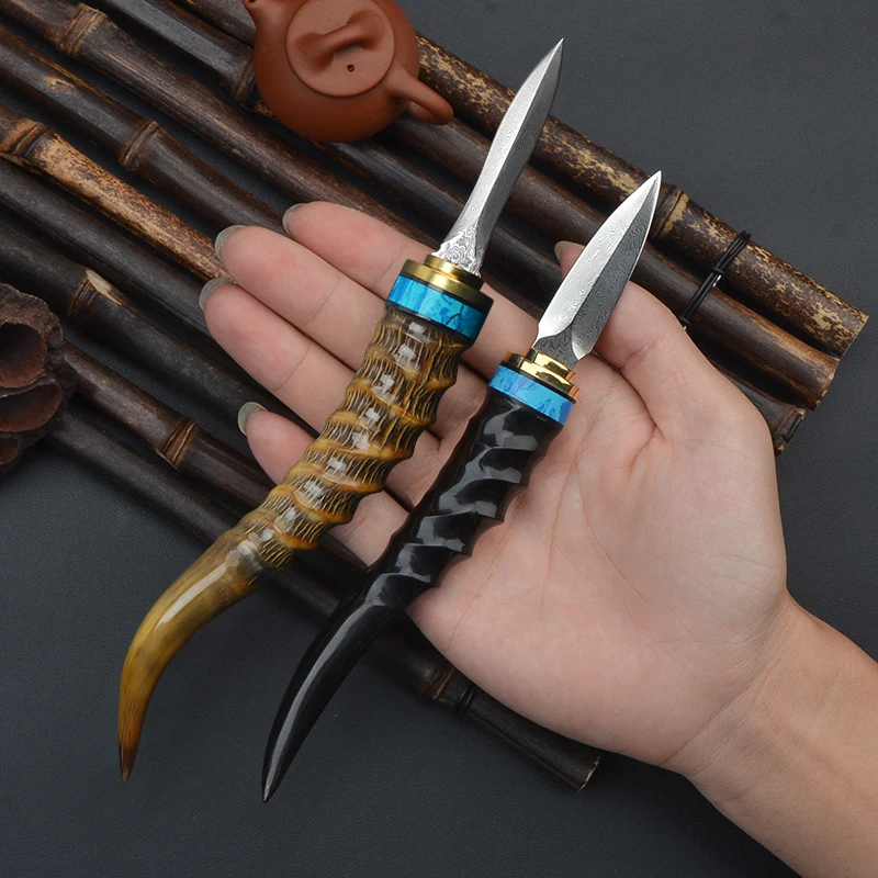 Critical Strike DMCD Delicate Hand Forging Damask Steel Tea Knife EDC Goat Horn Handle Kung Fu Tea Knife Unbladed Pry Tea Tool