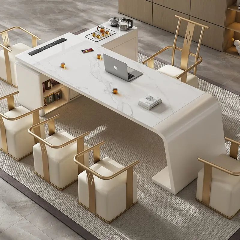 

Rock slab tea table and chair combination high-end office tea table kettle integrated