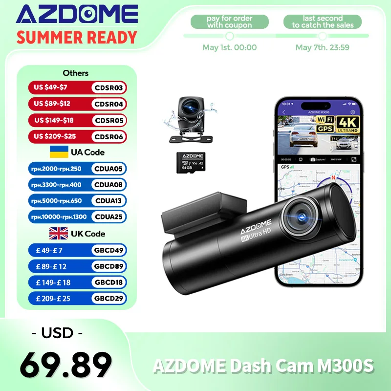 AZDOME M300S Dash Cam 4K Anteriore e Posteriore con WiFi Integrato, GPS, Controllo Vocale, Visione Notturna, Monitoraggio Parcheggio e Registrazione in Loop