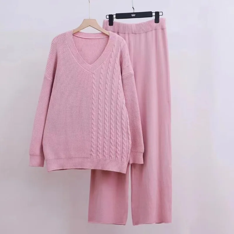 Ensemble 2 pièces pour femmes, pull irrégulier tricoté, pantalon à jambes larges, costume d'automne, nouvelle collection E12289