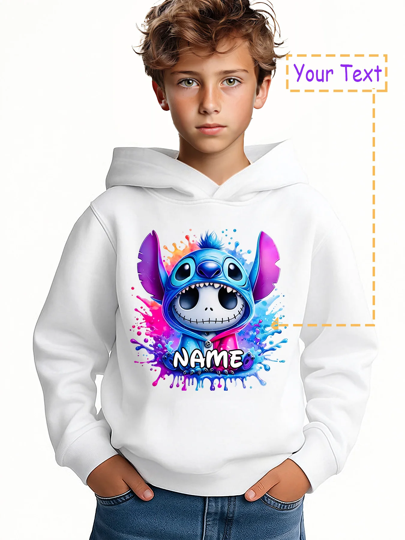 سترة MINISO Trendy Stitch Skeleton Hoodie - تصميم جمجمة عصري من Stitch، قابل للتخصيص مع "الاسم". عناصر ديزني، مثالية للأبد