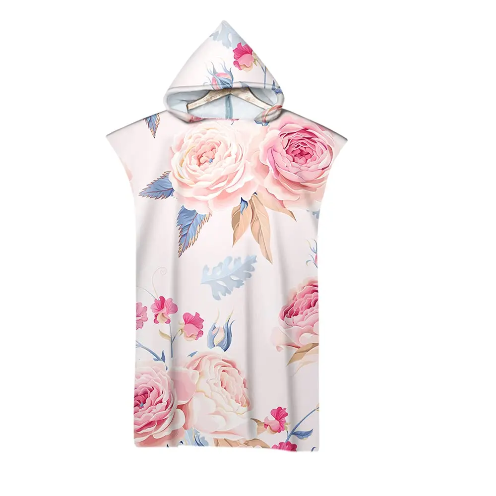 Floral Hooded Beach Towel Botanical Flower Bath Towel Soft Microfiber Lightweight Robe for Beach Swimming Surf Wetsuit Changing