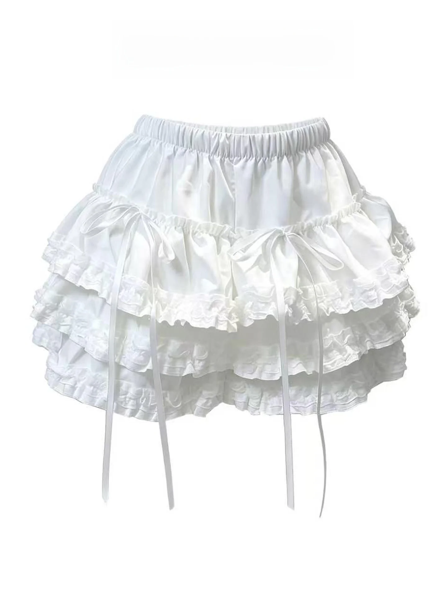 Romantic White Puffy Short Skirt High Waist A-Line  Skirt for Girls Ballet Style Casual  Knot Cake Skirt